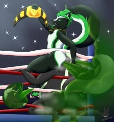 anthro ass defeat duo fart fart_cloud farting_in_mouth farting_on_another farting_on_face fighting_ring gassy hi_res loadedlepus male male/male mammal mephitid nt_skunkington raised_tail skunk smelly stinkface tail wrestler wrestling