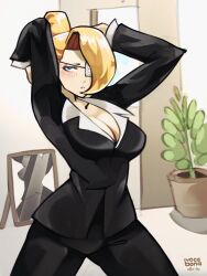 1girls big_ass big_breasts big_breasts big_butt blonde_hair blue_eyes cleavage female hair_bun hands_behind_head king_of_fighters light-skinned_female light_skin long_hair looking_at_viewer mature_(kof) mirror pants reflection room suit tied_hair