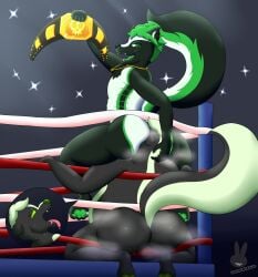 anthro anthro_only ass bodily_fluids defeat duo fighting_ring hi_res loadedlepus male male/male mammal mephitid musk musk_clouds musk_worship musky_butt nt_skunkington raised_tail skunk smelly stinkface sweat sweaty_butt tail wrestler wrestling