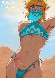 ai_generated armpit armpits ball_bulge balls blonde_hair blue_eyes blush bulge covered_mouth cute_male desert elf elf_ears erection eye_contact femboy gay gwrrruwu hylian link link_(breath_of_the_wild) link_(tears_of_the_kingdom) looking_at_viewer male male_only mask masked nintendo otoko_no_ko penis pointy_ears solo sweat sweatdrop sweating testicles the_legend_of_zelda the_legend_of_zelda:_breath_of_the_wild twink uncensored yaoi