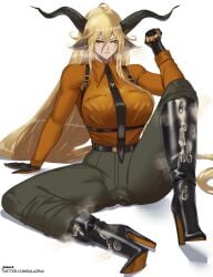 1female 1girls animal_ear_fluff animal_ears arknights big_breasts big_breasts big_chest black_boots blonde_female blonde_hair blonde_hair_female boot_fetish bootjob boots breasts breasts busty chest cleavage cum cum_drip cum_on_boots curvaceous curvy curvy_body curvy_female curvy_figure degenbrecher_(arknights) erect_nipples erect_nipples_under_clothes female female_focus female_only gloves goat_ears goat_girl goat_horns heel_boots heeled_boots heels high_heel_boots high_heels horns horns_girl large_breasts large_chest leather leather_boots leather_gloves long_hair long_hair_female looking_at_viewer milf military_uniform office older_female pants salazr4 seducing seductive seductive_eyes seductive_gaze seductive_look seductive_pose seductive_smile shoejob tease teasing thighs tie tight_clothes tight_clothing tight_pants