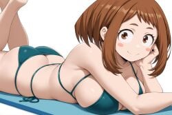 1girls ai_generated ass bikini blush_stickers breasts brown_eyes brown_hair butt_crack large_breasts lying my_hero_academia ochako_uraraka short_hair solo stable_diffusion uraraka_ochako