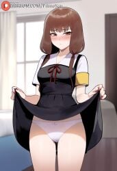 1girls ai_generated brown_eyes brown_hair embarrassed female female_only human iino_miko kaguya-sama_wa_kokurasetai_~tensai-tachi_no_renai_zunousen~ looking_at_viewer low_twintails medium_breasts panties primosan pussy_juice skirt_lift solo standing white_panties