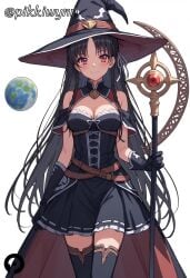 ai_generated alternate_costume bangs black_gloves black_hair black_headwear black_thighhighs blush braid breasts classroom_of_the_elite cleavage closed_mouth dress female gloves hat holding holding_staff horikita_suzune long_hair looking_at_viewer medium_breasts parted_bangs pikkiwynn red_eyes simple_background smile solo staff thighhighs white_background witch witch_hat youkoso_jitsuryoku_shijou_shugi_no_kyoushitsu_e