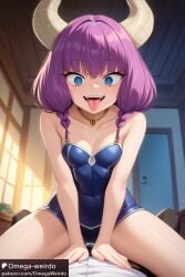 1girl1boy ai_generated aura_(sousou_no_frieren) blue_eyes bodysuit demon demon_girl demon_horns female frieren_beyond_journey's_end horns hypnosis necklace omega-weirdo patreon purple_hair sousou_no_frieren straddling tongue_out