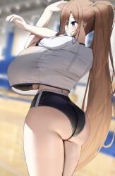 1girls ass back_view black_bra black_shorts blush bra bra_strap breasts breasts_bigger_than_head female female_focus from_behind gigantic_breasts glasses gym gym_clothes gym_shirt gym_shorts huge_breasts light_brown_hair long_hair looking_away mama_(nicorima) nicorima oc original original_character out_of_frame ponytail purple_eyes see-through see-through_clothing shirt short_shorts shorts sportswear thick_thighs thighs tied_hair underwear white_shirt