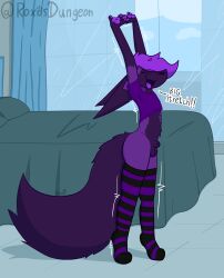 absurd_res animal_genitalia anthro bed big_ears big_tail building canid canine clothed clothing crop_top curtains_open detailed_background dialogue femboy fennec_fox fox fully_sheathed fur furniture genitals glass_window hair hi_res legwear male mammal no_underwear panties paw_markings pawpads paws purple_body purple_clothing purple_fur purple_hair roxo roxo_(artist) shaded sheath shirt signature skyscraper solo stretching tail thigh_highs topwear true_fox underwear