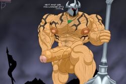 abs balls bara bayron_(artist) biceps big_balls big_penis boner english_text erection hairy_chest helmet horned_helmet huge_balls huge_cock league_of_legends male male_nipples male_only male_pubic_hair mordekaiser muscular_male nipples nude pecs penis riot_games solo solo_male tattoo text