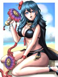 alternate_costume bikini black_bikini black_swimsuit blue_eyes breasts byleth_(female)_(summer)_(fire_emblem) byleth_(fire_emblem) byleth_(fire_emblem)_(female) female female_only fire_emblem fire_emblem:_three_houses fire_emblem_heroes nintendo official_alternate_costume sera31066 solo swimsuit teal_hair