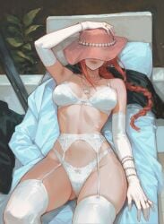 1girls among_us_reference assertive_female bikini bra chainsaw_man classy discarded_clothing elbow_gloves hat hat_covering_eyes lingerie lingerie_only long_gloves lying lying_on_back makima_(chainsaw_man) mymzi_(mymzidraws) panties red_hair relaxing solo solo_female stockings sunbathing tagme thick_thighs thighhighs thighs undressed white_bikini white_bra white_elbow_gloves white_legwear white_lingerie white_panties white_stockings