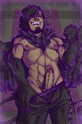 1boy bara barazoku blasticheart_(artist) demon demon_boy demon_horns demon_tail demon_wings looking_at_viewer looking_down original original_characters pants pants_down penis penis_out pierced_genitals pierced_penis piercing shirtless wings