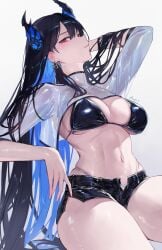 1girls asymmetrical_horns belly big_breasts bikini bikini_top black_bikini black_bikini_top black_bra black_hair black_shorts blue_hair bra breasts cleavage ear earrings female female_only fingers gradient_background hand hand_on_head highres hololive hololive_english hololive_english_-advent- horns light-skinned_female long_hair looking_at_viewer midriff navel nerissa_ravencroft nose open_shirt panties qiandaiyiyu red_eyes seductive see-through see-through_clothing shorts sideboob sitting solo stomach thick_thighs transparent_clothing unbuttoned_shorts virtual_youtuber wet_clothes wet_hair wet_skin