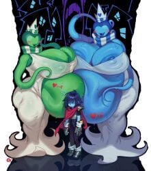 1boy 2girls areolae armor armored_boots armored_gloves belly big_belly blue-skinned_female blue_body blush blushing breasts breasts_bigger_than_head cape cleavage crown darkner deltarune dress eigaka female fully_clothed gigantic_breasts gloves green-skinned_female green_body hathy hathy_(deltarune) head_hathy_(deltarune) human kris_(deltarune) larger_female male mature_female nipple_bulge nipples nipples_visible_through_clothing pregnancy_tally pregnant pregnant_female size_difference smaller_male sweat sweatdrop sweating undertale_(series) voluptuous voluptuous_female