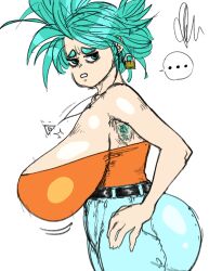 00blaq 1girls belt big_ass breasts female green_eyes green_hair hairy_armpits hand_on_hip huge_breasts long_hair necklace original_character pants shirt