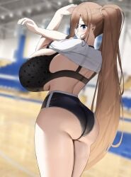 1girls ass back_view black_bra black_shorts blush bra bra_strap breasts breasts_bigger_than_head female female_focus from_behind gigantic_breasts glasses gym gym_clothes gym_shirt gym_shorts huge_breasts light_brown_hair long_hair looking_at_viewer mama_(nicorima) nicorima oc original original_character out_of_frame ponytail purple_eyes see-through see-through_clothing shirt shirt_lift shirt_up short_shorts shorts sportswear thick_thighs thighs tied_hair underwear white_shirt