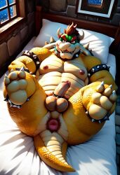 1boy ai_generated anthro anus balls bed big_balls big_muscles big_penis bowser cock_ring daddy gay hairy_ass hairy_asshole horns koopa looking_at_viewer male male_only mario_(series) muscular muscular_anthro muscular_male nintendo penis red_eyes red_hair reptile scalie showing_ass super_mario_bros. yellow_body