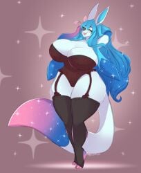 1girls 2021 anthro anthrofied big_breasts blue_hair blush breasts bunnywhiskerz canid cleavage clothed clothing curvy_figure digital_media_(artwork) eeveelution female female_only garter_straps generation_4_pokemon glaceon hair hand_behind_head hi_res huge_breasts legwear lingerie livy_(chrisceon) long_hair looking_at_viewer mammal nintendo one_eye_closed open_mouth pink_nose pokemon pokemon_(species) pokemorph shaded simple_background smile smiling smiling_at_viewer solo sparkles sparkling_background sparkling_character stockings teddy_(clothing) thick_thighs voluptuous white_body wide_hips wink