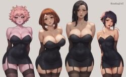 4girls ai_generated alternate_costume artist_name auburn_hair bare_shoulders big_breasts black_clothing black_dress black_hair black_sclera blush boku_no_hero_academia breasts brown_eyes cleavage clothed clothing dress elbow_gloves eyelashes female female_only garter_straps gloves group hair_down hips hourglass_figure human humanoid iknowkungfu42 kyoka_jiro large_breasts light-skinned_female light_skin lips long_hair looking_at_viewer mina_ashido miniskirt momo_yaoyorozu my_hero_academia ochako_uraraka parted_lips pink_hair pink_skin purple_eyes purple_hair red_lips red_lipstick short_hair short_skirt simple_background small_breasts smile stockings strapless thick_thighs thighhighs thighs white_background wide_hips yellow_eyes zettai_ryouiki