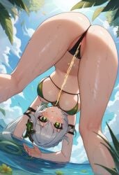 1girls aged_up ai_generated ass ass_up big_breasts bikini center_opening flushed flushed_face from_behind genshin_impact green_eyes looking_at_viewer nahida_(genshin_impact) peeing peeing_self seductive_smile smile spread_legs urine white_hair