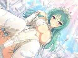 1girls ass_visible_through_thighs bare_shoulders bashou_(senran_kagura) belly_button_visible_through_clothing big_breasts blush body_blush breast_curtains breasts bridal_gauntlets bride cleavage detached_sleeves feathers green_hair long_hair marvelous official_art open_mouth pantyshot purple_eyes ribbon see-through see-through_shirt senran_kagura senran_kagura_new_link shiny_skin spread_legs thighs tiara underboob underwear white_panties yaegashi_nan zettai_ryouiki