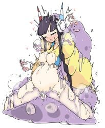 1girls :o black_hair blue_eyes blush bottomless breasts clothing creatures_(company) ditto egg egg_laying eggnant elesa_(pokemon) elesa_(pokemon_bw2) female full_body game_freak generation_1_pokemon goo goo_creature gym_leader headphones heart hi_res inflation interspecies interspecies_pregnancy katakoto_tktk kneeling lactation laying_multiple_eggs long_hair male_pokemon/female_human medium_breasts milk nintendo nipples one_eye_closed open_mouth outie_navel penetration pokemon pokemon_(species) pokemon_bw pokephilia popped_navel pregnant pussy restrained saliva sex sidelocks simple_background slime slime_monster spread_legs torn_clothes torogao trembling vaginal_penetration white_background