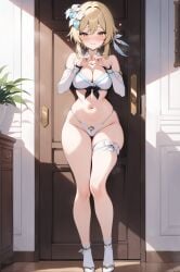 ai_generated blush genshin_impact heart_hands horny indoors legs lumine_(genshin_impact) ministro panties