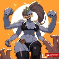 1girls 4_arms anthro black_legwear bra brown_hair drunkoak female female_machamp generation_1_pokemon glowing_eyes hi_res legwear long_hair looking_at_viewer machamp muscular muscular_female nintendo orange_background panties pokemon pokemon_(species) pokemorph ponytail pov pov_eye_contact red_eyes skindentation slit_pupils smiling smiling_at_viewer