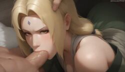 :&gt;= ai_generated balls bare_shoulders big_penis blonde_hair blowjob brown_eyes cleavage clothed clothed_female_nude_male clothing deepthroat eyeliner fellatio head_grab indoors kimono long_hair looking_at_viewer nai_diffusion naruto oral parted_bangs penis pujopg sidelocks torogao tsunade