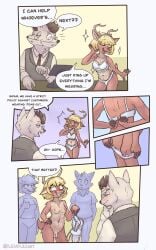 1boy 1futa anthro antlers artist_name balls blush breasts comic embarrassed english_text exhibitionism furry futanari glasses kello_(lewdles) lewdles lingerie nude penis public public_nudity sparkles speech_bubble tagme text underwear undressing