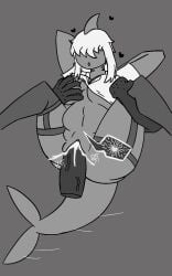 anthro bangs big_breasts breast_grab chubby_female cum cum_in_pussy cum_inside eyllmao groping hair_over_eyes impregnation legs_held_open monochrome original_character ovum reverse_suspended_congress sarah_(sabermiller) shark shark_girl sperm_cell spread_legs tail thick_thighs vaginal_penetration