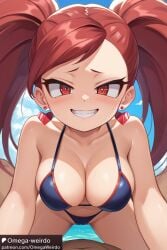 1girls ai_generated aiba_manami beach_sex big_breasts bikini boku_no_hero_academia earrings female la_brava_(my_hero_academia) my_hero_academia omega-weirdo patreon red_eyes red_hair shortstack smaller_female smile straddling twintails