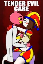 tender_evil_care_(comic) the_amazing_digital_circus glitch_productions evil_pomni_(the_amazing_digital_circus) evil_pomni_(tadc) evil_jax_(the_amazing_digital_circus) evil_jax_(tadc) bankaipacay evil_clone npc huge_breasts jester jester_hat jester_outfit jester_girl bra rabbit white_skin pink_fur rabbit_humanoid rabbit_boy doctor_coat purple_overalls red_background stethoscope sitting_on_lap looking_into_eyes arm_around_neck