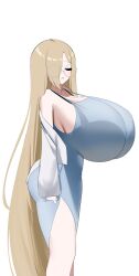 1girls ass blue_dress bra bra_strap breasts breasts_bigger_than_head closed_eyes dress enormous_breasts female female_focus female_only gigantic_breasts glasses hair_covering_eye huge_breasts light_brown_hair long_hair mama_(nicorima) nicorima original original_character see-through see-through_clothing simple_background solo thighs very_long_hair white_background