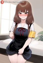 1girls ai_generated brown_eyes brown_hair dress female female_only human iino_miko kaguya-sama_wa_kokurasetai_~tensai-tachi_no_renai_zunousen~ looking_at_viewer low_twintails medium_breasts primosan pussy_juice school_uniform skirt_lift solo