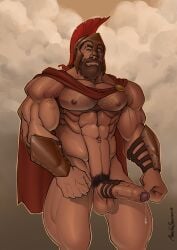 1boy abs balls bara beard biceps big_balls big_penis cape daddy dilf erection european_mythology greek_mythology hairy_chest helmet male male_nipples male_only male_pubic_hair manly markus_von_braunstein mature_male muscular_male mythology nipples nude pecs penis precum precum_drip spartan