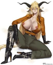 1female 1girls animal_ear_fluff animal_ears arknights big_breasts big_chest black_boots blonde_female blonde_hair blonde_hair_female boot_fetish bootjob boots breasts busty chest cleavage cum cum_drip cum_on_boots curvaceous curvy curvy_body curvy_female curvy_figure degenbrecher_(arknights) erect_nipples female female_focus female_only gloves goat_ears goat_girl goat_horns heel_boots heeled_boots heels high_heel_boots high_heels horns horns_girl leather leather_boots leather_gloves long_hair long_hair_female looking_at_viewer milf office older_female pants salazr4 seducing seductive seductive_eyes seductive_gaze seductive_look seductive_pose seductive_smile shoejob tease teasing thighs tight_pants