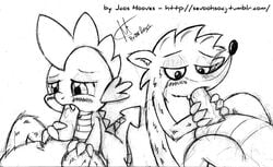 anthro balls black_and_white blush claws dragon drooling duo fangs fellatio friendship_is_magic fur furry furry_only gay half-closed_eyes hands jcoshooves lips male monochrome my_little_pony oral oral_sex paws penis plain_background raccoon regular_show rigby saliva scales sex smooth_fur spike_(mlp) white_background young