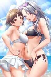 2girls ass atlus beach big_breasts bikini bikini_bottom bikini_only bikini_top black_bikini breasts female female_focus female_only glasses glasses_on_head grey_hair large_breasts looking_at_viewer makoto_niijima masatoshi_1219 nail_polish persona persona_5 sae_niijima sisters skirt swimsuit white_bikini