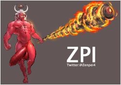 balls bara big_penis demon facial_hair fire flaccid horns male male_only muscles muscular nude oni penis red_body red_skin solo solo_male weapon zenpei