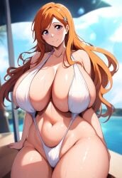 ai_due ai_generated bare_legs beach bleach gigantic_breasts huge_breasts huge_thighs inoue_orihime light-skinned_female light_skin long_hair looking_at_viewer massive_breasts orange_hair pawg purple_eyes shounen_jump sling_bikini slingshot_swimsuit smiling solo_female squatting sweat sweatdrop swimsuit thick_body thick_female thick_thighs thighs thighs_bigger_than_head voluptuous voluptuous_female