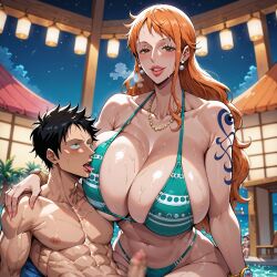 1boy1girl ai_generated ailurid big_breasts big_mac(artist) big_penis bikini black_hair cum enormous_breasts erect_penis erection female full_lips huge_breasts huge_lips huge_thighs lips male monkey_d_luffy nami one_piece orange_hair thick_thighs