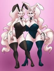 2021 2girls anthro big_breasts blue_eyes breast_press breast_to_breast bunny_ears bunnysuit detached_collar female female_only fluffy_duffy_(unknown6505) full_body generation_5_pokemon high_heel_boots huge_breasts legendary_pokemon long_hair looking_at_viewer narrowed_eyes neck_ribbon necklace nintendo pokemon pokemon_(species) reshiram sabrina_duffy_(unknown6505) sharp_fingernails side_by_side sisters_(lore) smiling smiling_at_viewer teeth_showing thebigbadwolf01 thick_thighs twins_(lore) white_hair wide_hips wrist_cuffs