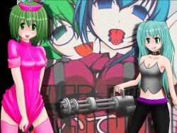 2013 2girls aqua_eyes aqua_hair black_eyebrows black_pants blue_eyebrows blue_eyes blue_hair blush bunker_busters_(vocaloid) buttoned_shirt choker cleavage collarbone dark_green_eyes deviantart_link deviantart_username dot_nose duo ell182a_(masa_works_design) english_text eyebrows eyebrows_visible_through_hair fallenangel1017_(bramblychan) glasses green_eyes green_hair grin gumi gumi_(bunker_busters) hatsune_miku hatsune_miku_(bunker_busters) japanese_text long_hair looking_at_viewer masa_works_design navel nurse nurse_hat nurse_outfit oerba_yun_fang pink_nurse_outfit pink_thighhighs purple_glasses reference_image round_glasses short_sleeves teeth text tongue tongue_out tongue_piercing twintails vocaloid