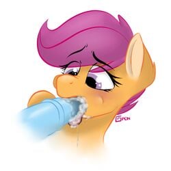 2014 animal_genitalia blush cum cum_in_mouth cum_inside disembodied_penis equine female feral friendship_is_magic fur gigapon hair horse horsecock male mammal my_little_pony oral oral_sex orange_fur penis plain_background pony purple_eyes purple_hair scootaloo_(mlp) sex straight tongue white_background