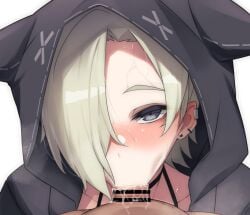 1boy :>= animal_ear_hood bar_censor black_jacket blonde_hair blush censored clothed_female_nude_male clothed_sex commentary_request commission cum cum_in_mouth cum_overflow ear_blush ear_piercing earclip earrings fellatio female grey_eyes hair_over_one_eye halterneck highres hood hood_up hooded_jacket jacket jewelry looking_at_viewer love_live! love_live!_nijigasaki_high_school_idol_club mia_taylor nasuno_(nasuno42) nose_blush nude one_eye_covered open_clothes open_jacket oral parted_bangs penis piercing portrait pov saliva short_hair simple_background skeb_commission solo_focus steaming_body straight stud_earrings sweat white_background