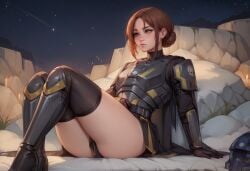 1girls absurd_res ai_generated anaslex armor ass blue_eyes breastplate brown_hair bun helldiver_(helldivers) helldivers_2 helmet helmet_removed hi_res kittew_(style) pale-skinned_female pale_skin sidelocks skirt soldier solo thick_thighs thigh_boots thighs tied_hair wallpaper