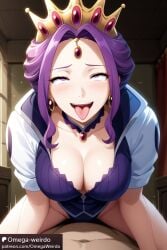 1girl1boy ahe_gao ahegao_face ai_generated bangs crown dress female mirelia_q_melromarc necklace omega-weirdo patreon purple_eyes purple_hair queen smile straddling tate_no_yuusha_no_nariagari tears tongue_out