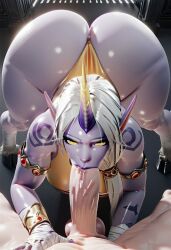 1boy 1boy1girl 1girls :>= ai_generated ass balls big_ass big_balls big_breasts big_butt big_penis big_thighs blowjob blowjob_face breasts cock dadadi dick elf_ears fellatio female hooves horn league_of_legends league_of_legends:_wild_rift light-skinned_male light_skin long_hair looking_at_viewer male oral oral_sex penis purple_body purple_skin riot_games soraka sucking thick_thighs white_hair yellow_eyes