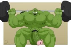 abs balls bara bayron_(artist) beard biceps big_balls big_penis boner erection green-skinned_male green_body green_skin huge_balls huge_cock male male_nipples male_only male_pubic_hair manly muscular_male nipples nude orc orc_male pecs penis pointy_ears solo solo_male sweat sweating teeth teeth_visible tusks