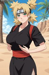 ai_generated aindroidparanoid big_breasts blonde_hair breasts curvy desert fishnets grabbing_own_breast green_eyes hips huge_breasts kimono large_breasts narrow_waist naruto naruto_(classic) naruto_(series) naruto_shippuden outdoors quad_tails sash short_hair slim_waist spiked_hair squeezing_breast stable_diffusion temari touching_breast wide_hips